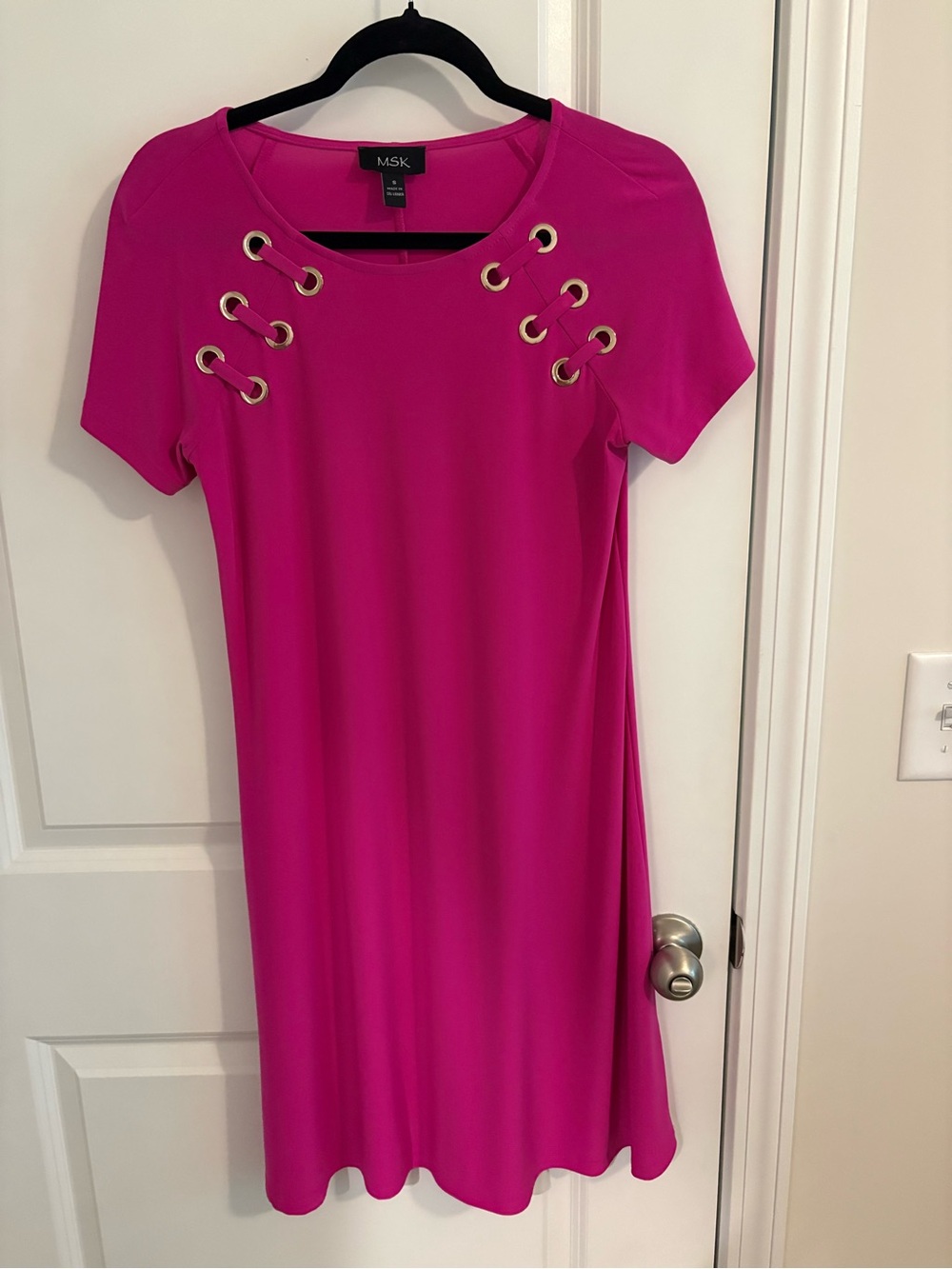 MSK Hot Pink Eyelet-Detail Short Sleeve Midi Dress